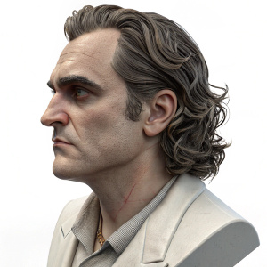 Digital 3D bust render of Joaquin Phoenix as Arthur Fleck from Joker. Highly detailed face and hairstyle. Set against a stark white background
