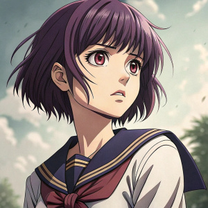 Kyoko Sasagawa from Katekyo Hitman Reborn, intense expression. Wearing school uniform, short dark purple hair, detailed manga-style illustration