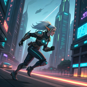 Rayla, an elf girl, is seen in a dynamic action pose. Wearing a futuristic armor with glowing details. Racing through a cyberpunk cityscape.