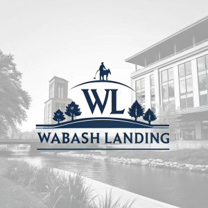 Wabash Landing's new logo, a sleek and minimalist design featuring the brand name and initials. Dark and light shades contrast sharply. Bold, clear font.