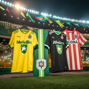 Medellín and Atlético Nacional soccer teams' logos and jerseys on display. Cheerful stadium atmosphere