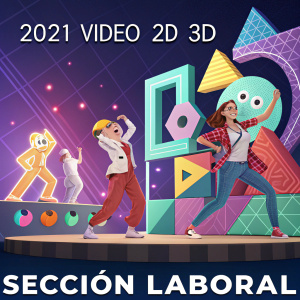 Promotional poster for an upcoming music video featuring 3D and 2D animation. The video is themed around the Macarena dance and is presented entirely in Spanish. The poster includes colorful geometric shapes and cartoon-like imagery, with text elements such as '2021', 'Video 2D 3D', and 'SECCION LABORAL'.