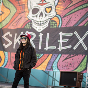 Artistic depiction of Skrillex. Vibrant colors, detailed drawings. Features a hat-wearing skeleton, skull, and large banner with his name.