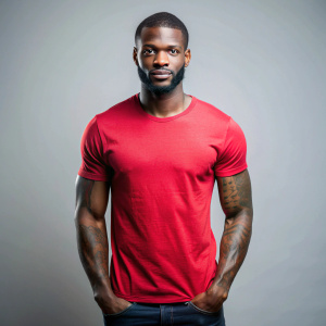 maqueta de camiseta. hombre negro de 25 años, tatuado en el brazo derecho, con camiseta roja