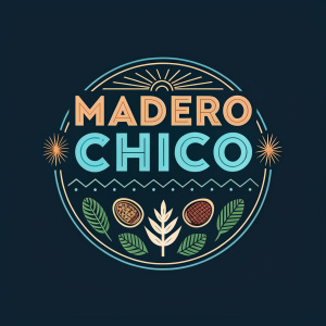 Digital illustration of 'Madero Chico' logo. Modern and eclectic design. Dark background, stylized text in brown, green, and blue. Website URL included. Sleek and contemporary aesthetic.