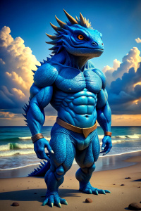 strong evil blue lizard standing on a beach