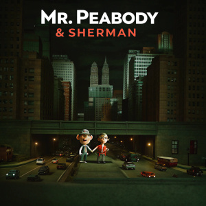 An eye-catching promotional image for Netflix's animated series 'Mr. Peabody & Sherman'. Lively characters against a bustling animated cityscape.