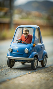 a peel p50 car the size of a coin with happy driver