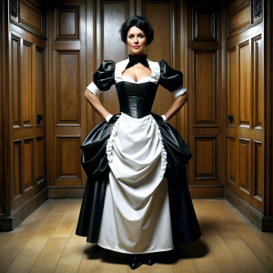 40 yo rich attractive brunette humiliated in realistic severe Victorian chamber maid uniform in shiny satin. Extremely narrow waist and big pushed up bosom with full cover. Black puff sleeves and gloves. Floor length skirt with petticoat.  full body side view in Carlton Towers