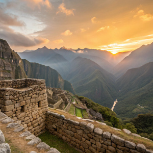 Inca stone walls at Machu Picchu, Peru. Sunset view