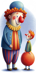 Draw a little funny clown with a big round noose speaking with his little clown friend in the circus
