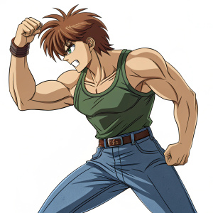 Heero Yui, muscular character from Gundam Wing, fierce expression. Reddish-brown hair, green tank top, blue jeans, striking pose. Digital art with anime influence.