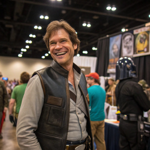 Han Solo impersonator, smiling, in carbonite-inspired costume. Crowded sci-fi convention, various props and attendees visible.