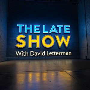 The Late Show with David Letterman logo, featuring vibrant blue and yellow hues, displayed in an eye-catching, stylized font.