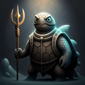 [prompt: 3d humanoid turtle, underwater kingdom, wearing regal attire, carrying a majestic trident, hearthstone art style.]




