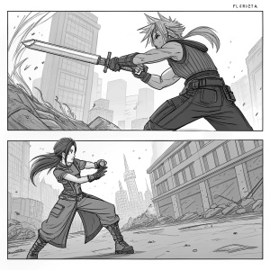 Storyboard illustrations for the epic battle scene of 'Tifa vs. Loz' from 'Final Fantasy VII Advent Children'. Detailed sketches in grayscale showing dynamic action sequences and character interactions.