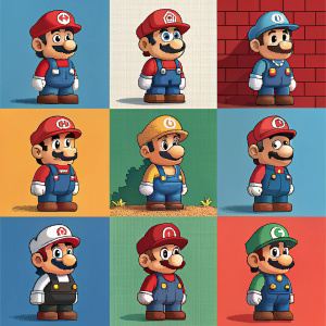 A digital mosaic of Mario, featuring multiple pixel art renditions. Grid layout showcasing Mario in diverse outfits and poses. From classic plumber to cosmic explorer.