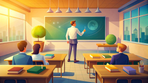 the teacher is standing in the classroom at the blackboard