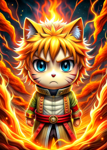 bleach kawaii little   cat, soldier body complete , background   fire ball
