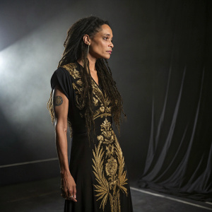 Lisa Bonet, mixed ethnicity actress, standing in a sleek studio. Wearing a gold embroidered black dress. The backdrop is dark with a shimmering effect. She looks serious with her long dreadlocks. The lighting is dramatic.