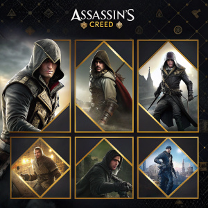 Assassin's Creed promotional artwork featuring key characters and logo. Grid layout with dramatic action poses. Black and gold color scheme. Stylized and intense visual style.