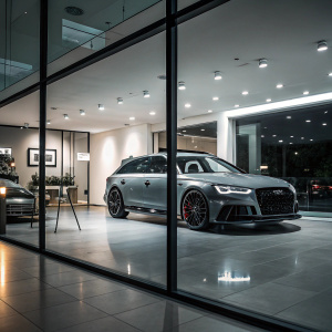 Audi RS6 C7 Quattro Avant in a high-end car showroom. Bright lights, glass walls, modern decor, photo