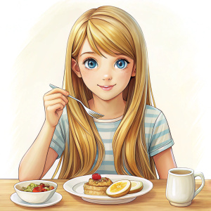 Dibujo de Niña con el pelo largo, rubio y liso y ojos marrones desayunando 