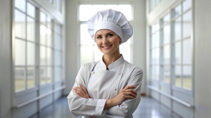 Caucasian young women chef in a chef's hat with arms crossed wears apron standing in restaurant kitchen and smiling