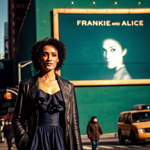 Annie Ilonzeh, African American actress, wearing a black leather jacket over a dark blue dress with ruffled bodice, standing confidently on a busy city street. Large billboard of her new film 'Frankie and Alice' visible.