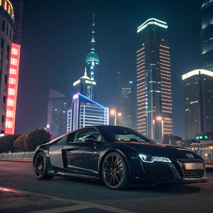Luxury black Audi R8 parked in front of neon-lit skyscrapers at night.