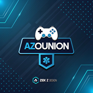 Az0union gaming channel logo. Modern design featuring social media icons. Dark background with blue highlights. Created by zeK z design