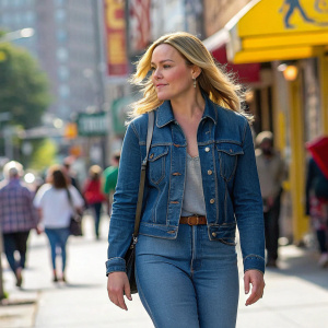 Abbie Cornish in a casual outfit, denim jacket and jeans. Walking on a busy street.