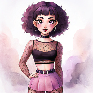 a cute delicate femboy .a super beautiful Girly face. black curly short hair. fit flat chest without bust. girly hips. girly legs. narrow waist and big hips. gothic mesh pink crop top. short tight purple mini skirt. purple platform boots. pink Egirl makeup. purple eyeshadow. red lipstick. 