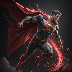 3D render of Superman. Dynamic flying pose, dramatic lighting, stark black and red background