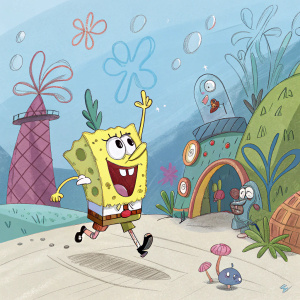 Sketch of SpongeBob SquarePants in vibrant colors. Complex background with Bikini Bottom details. Exaggerated expressions and movements.