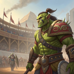 Watchkeeper Gargolmar, an orc from the Warcraft universe, rendered in a vivid color palette. Set against a bustling arena background.