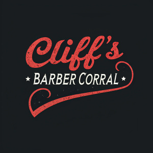 Vintage logo design for Cliff's Barber Corral. Bold, cursive script in crimson and black.