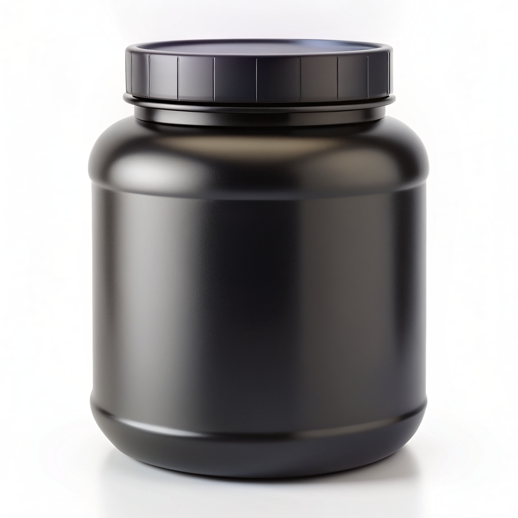 a sports nutrition jar in black on a white background