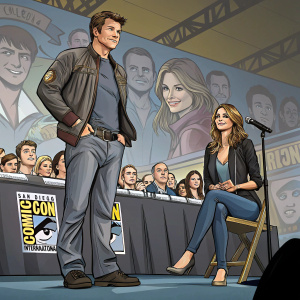 Nathan Fillion and Stana Katic at a Comic-Con panel. Both dressed in casual attire. Nathan stands with hands in pockets, Stana sits confidently. Crowd in background