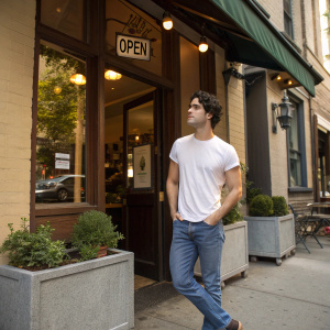 Darren Criss, wearing a simple white t-shirt and jeans. Stands outside the cozy coffee shop on a lazy Sunday afternoon. No one around, just the quiet hum of the city.