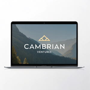 Modern logo design of Cambrian Ventures. Logo displayed on a sleek, minimalist website homepage.