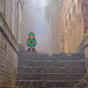 Pixel art of Link from *The Legend of Zelda: Breath of the Wild* standing atop a crumbling stone structure, amidst ancient ruins, against a backdrop of vibrant blues, greens, and beiges.