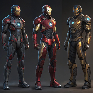 Concept art of various Iron Man suits for a VR game. Futuristic designs, high-tech materials, digital illustration