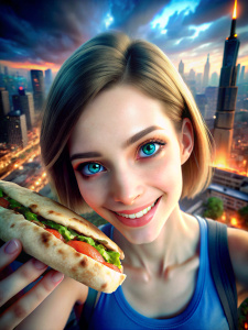 16 years old jill valentine holding and biting big sandwich  in burning night city, beautiful face, cute face, blue eyes, smirk, go pro shot, selfie shot