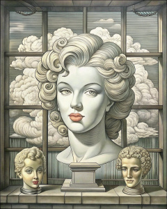 ventana, BUSTO DE esTATUA MERLIN MONROE  EN PERFIL  3d ceramica con manequi mujer   , pelo estilo barroca. by gucci . ventana grande. depicting nubes, .Geometric shapes . surrealismo