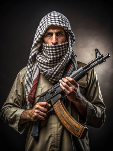 A islamic terrorist holding an ak47 uncropped