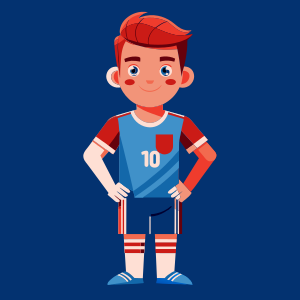 a full body 16 years old full body soccer player standing and facing the camera wearing a solid blue t-shirt, full body, vector style, solid white background