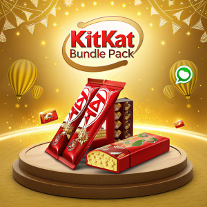 Digital ad showcasing KitKat Bundle Pack. Brightly lit, vibrant colors. Multiple KitKat bars in red wrappers. Prominent pricing and WhatsApp order info. Golden-yellow background. Emphasis on KitKat logo and brand.