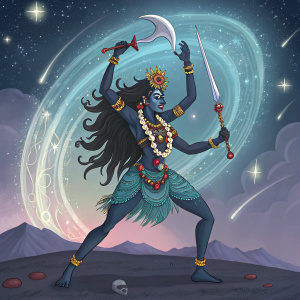 Kali, the hindu deity, depicted in vibrant dance pose, amidst swirling celestial particles and ethereal glow.