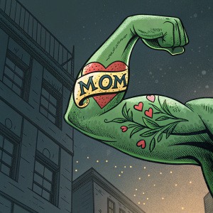 Muscular green arm with 'Mom' heart tattoo. Comic book style illustration. Dark urban background